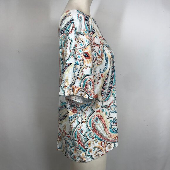 CHICO'S- WOMEN'S 3/XL - WHITE PAISLEY SHORT SLEEVE ROUND NECK LINEN TOP SHIRT - Picture 4 of 8